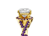 Yellow gold Cushion Cut Diamond with Amethyst side stone Halo Twist Band Solitaire Prong Setting Ring_41