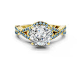 Yellow gold Cushion Cut Diamond with Aquamarine side stone Halo Twist Band Solitaire Prong Setting Ring_36
