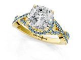 Yellow gold Cushion Cut Diamond with Aquamarine side stone Halo Twist Band Solitaire Prong Setting Ring_37