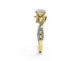 Yellow gold Cushion Cut Diamond with Aquamarine side stone Halo Twist Band Solitaire Prong Setting Ring_38