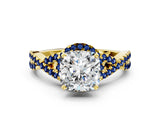Yellow gold Cushion Cut Diamond with Blue Sapphire side stone Halo Twist Band Solitaire Prong Setting Ring_12