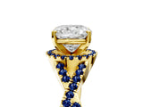 Yellow gold Cushion Cut Diamond with Blue Sapphire side stone Halo Twist Band Solitaire Prong Setting Ring_17