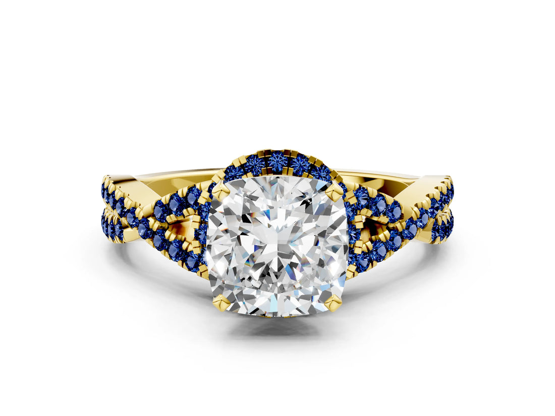 Yellow gold Cushion Cut Diamond with Blue Sapphire side stone Halo Twist Band Solitaire Prong Setting Ring_36