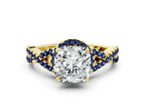 Yellow gold Cushion Cut Diamond with Blue Sapphire side stone Halo Twist Band Solitaire Prong Setting Ring_36