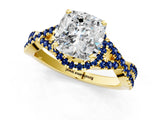 Yellow gold Cushion Cut Diamond with Blue Sapphire side stone Halo Twist Band Solitaire Prong Setting Ring_37
