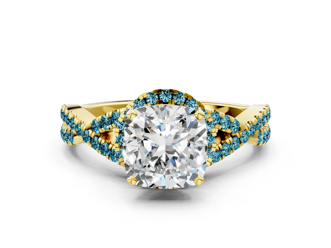 Yellow gold Cushion Cut Diamond with Blue Topaz side stone Halo Twist Band Solitaire Prong Setting Ring_12