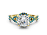 Yellow gold Cushion Cut Diamond with Blue Topaz side stone Halo Twist Band Solitaire Prong Setting Ring_12