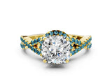 Yellow gold Cushion Cut Diamond with Blue Topaz side stone Halo Twist Band Solitaire Prong Setting Ring_36