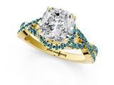 Yellow gold Cushion Cut Diamond with Blue Topaz side stone Halo Twist Band Solitaire Prong Setting Ring_37