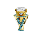Yellow gold Cushion Cut Diamond with Blue Topaz side stone Halo Twist Band Solitaire Prong Setting Ring_41