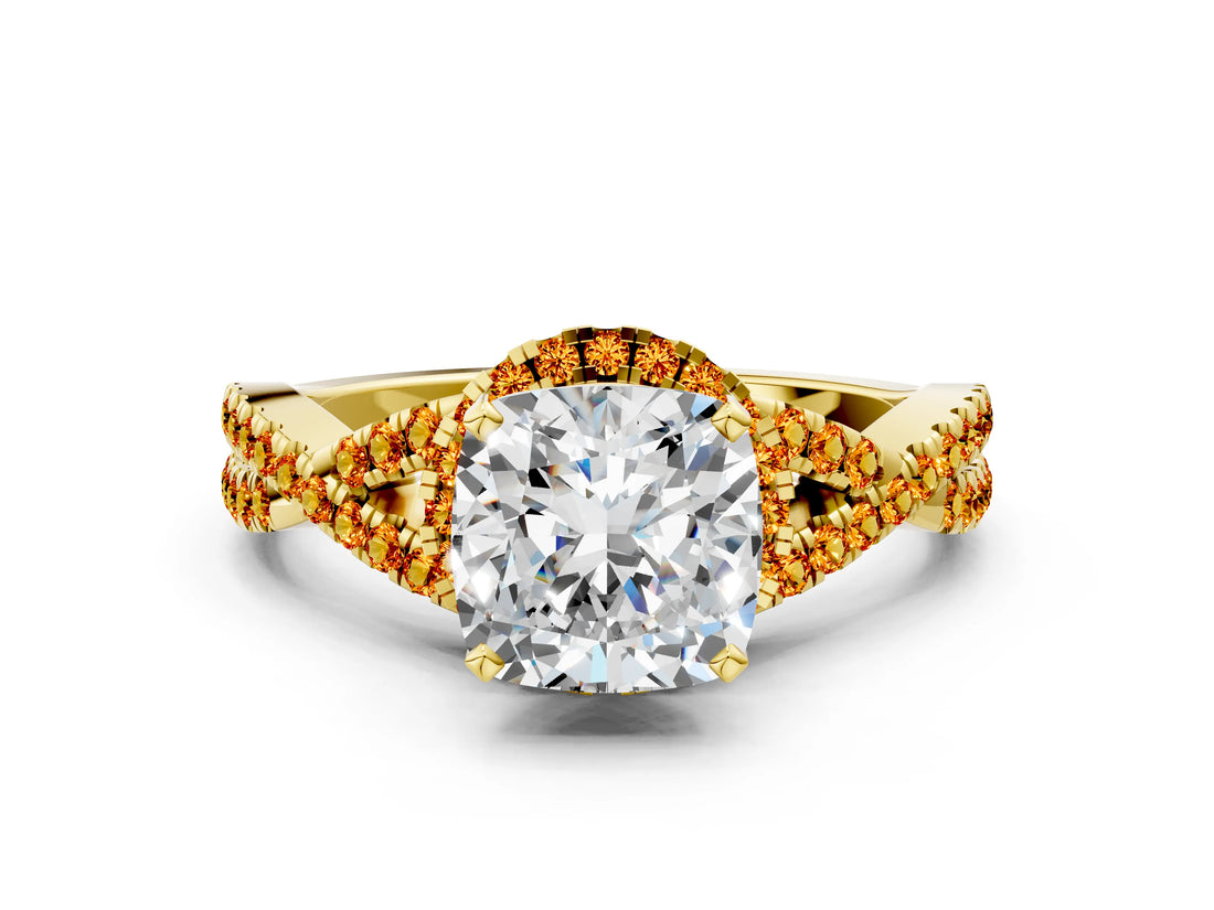 Yellow gold Cushion Cut Diamond with Citrine side stone Halo Twist Band Solitaire Prong Setting Ring_12