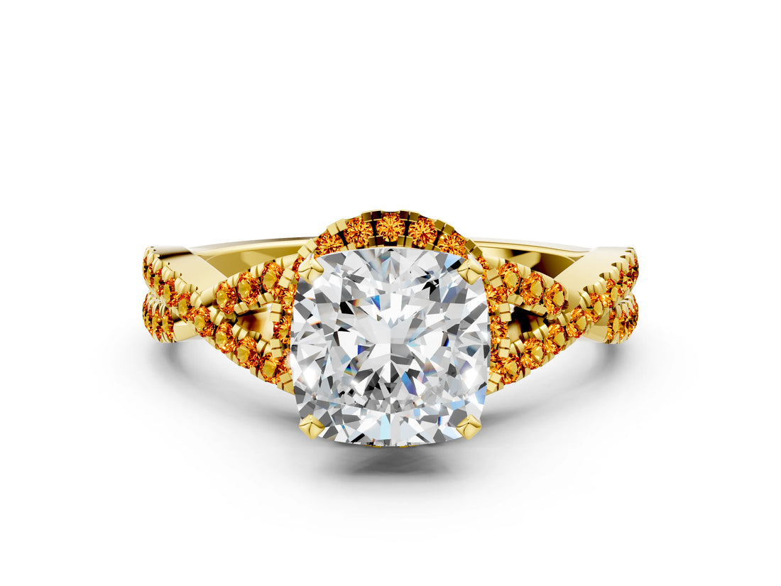 Yellow gold Cushion Cut Diamond with Citrine side stone Halo Twist Band Solitaire Prong Setting Ring_24