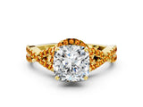 Yellow gold Cushion Cut Diamond with Citrine side stone Halo Twist Band Solitaire Prong Setting Ring_24