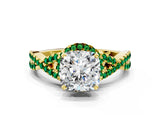 Yellow gold Cushion Cut Diamond with Emerald side stone Halo Twist Band Solitaire Prong Setting Ring_12