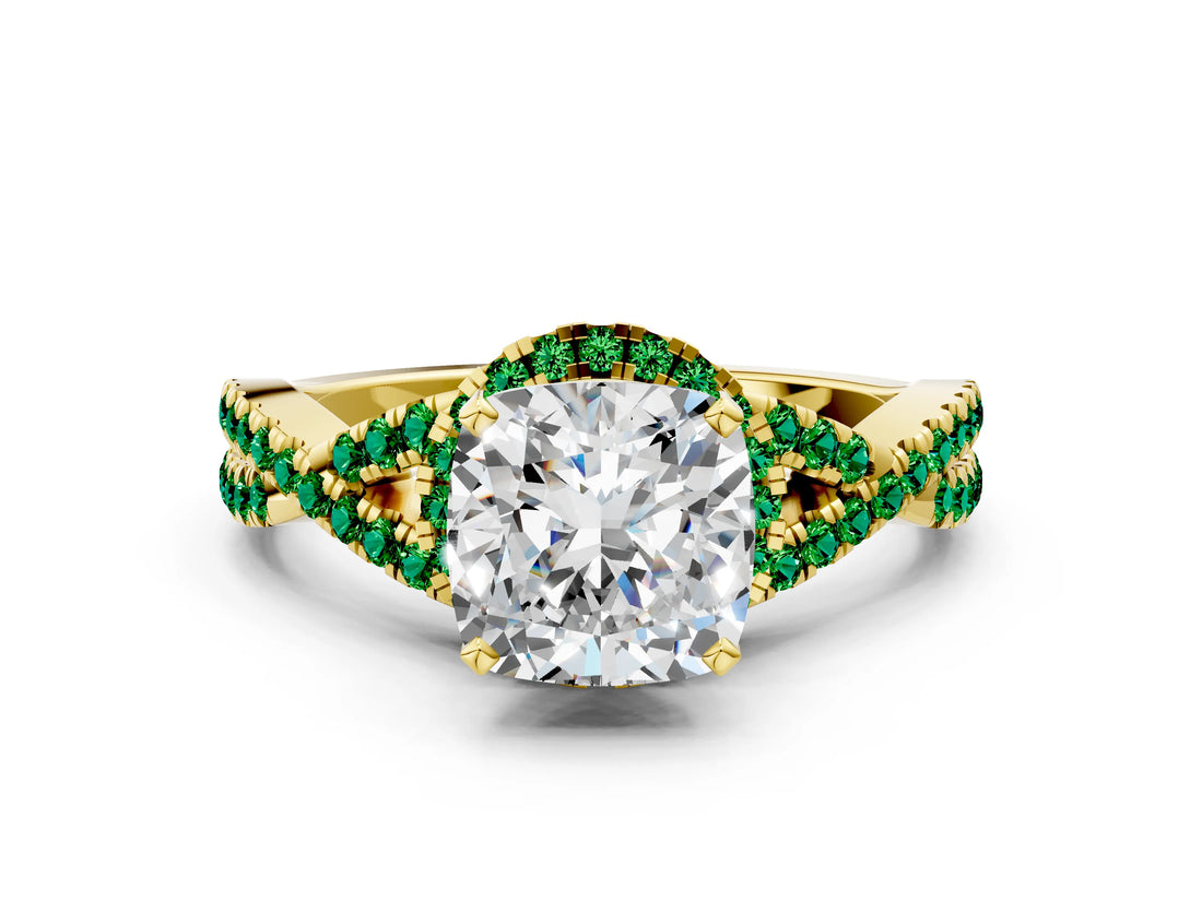 Yellow gold Cushion Cut Diamond with Emerald side stone Halo Twist Band Solitaire Prong Setting Ring_36