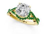Yellow gold Cushion Cut Diamond with Emerald side stone Halo Twist Band Solitaire Prong Setting Ring_37