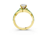 Yellow gold Cushion Cut Diamond with Emerald side stone Halo Twist Band Solitaire Prong Setting Ring_39