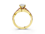 Yellow gold Cushion Cut Diamond with Garnet side stone Halo Twist Band Solitaire Prong Setting Ring_15