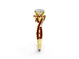 Yellow gold Cushion Cut Diamond with Garnet side stone Halo Twist Band Solitaire Prong Setting Ring_38