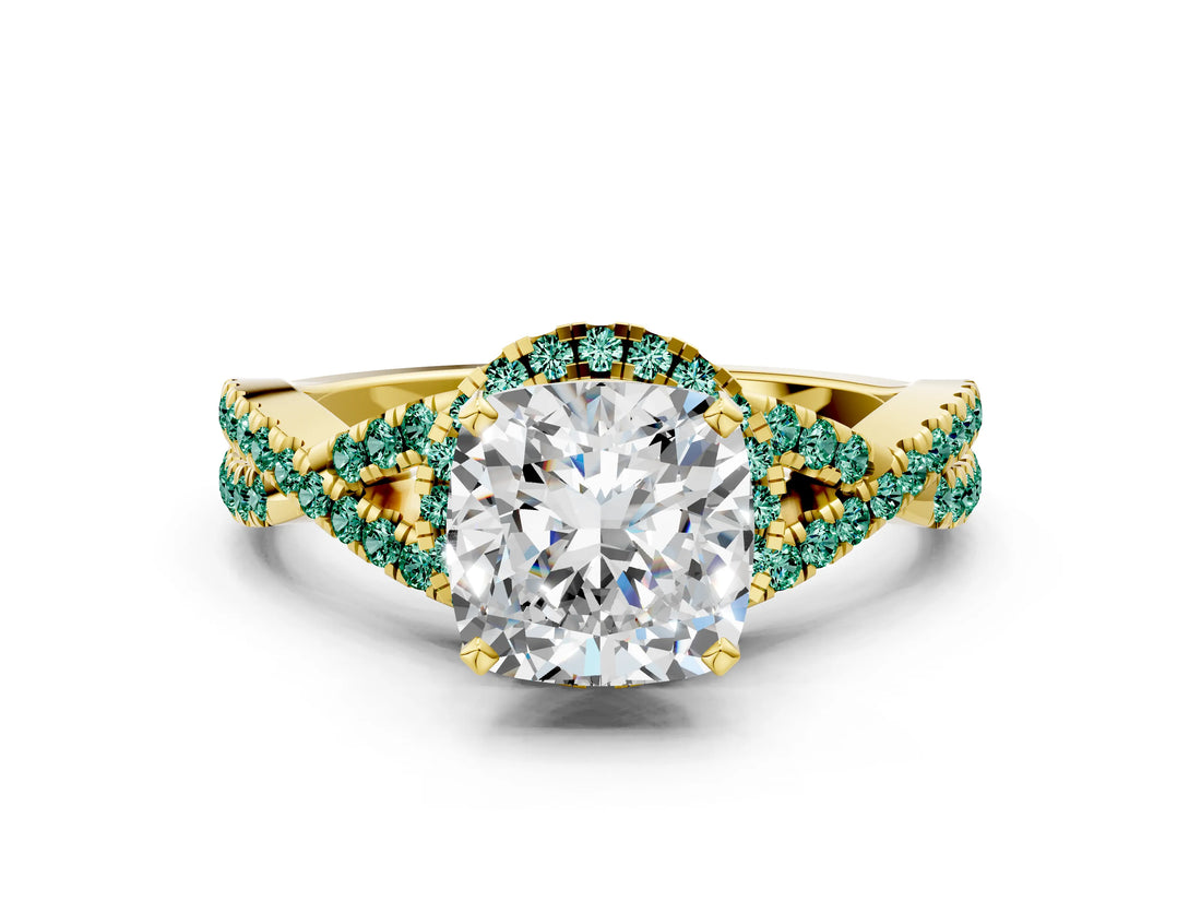 Yellow gold Cushion Cut Diamond with Green Sapphire side stone Halo Twist Band Solitaire Prong Setting Ring_12