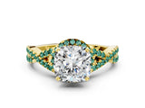 Yellow gold Cushion Cut Diamond with Green Sapphire side stone Halo Twist Band Solitaire Prong Setting Ring_12