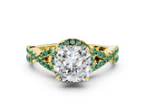 Yellow gold Cushion Cut Diamond with Green Sapphire side stone Halo Twist Band Solitaire Prong Setting Ring_24