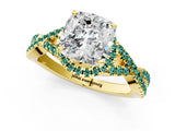 Yellow gold Cushion Cut Diamond with Green Sapphire side stone Halo Twist Band Solitaire Prong Setting Ring_25