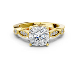 Yellow gold Cushion Cut Diamond with Milgrain Marquise and Bezel Accents on a Solitaire Band with Prong Setting_205