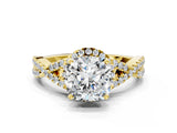 Yellow gold Cushion Cut Diamond with Moissanite side stone Halo Twist Band Solitaire Prong Setting Ring_12