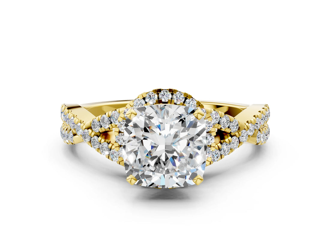 Yellow gold Cushion Cut Diamond with Moissanite side stone Halo Twist Band Solitaire Prong Setting Ring_24