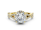 Yellow gold Cushion Cut Diamond with Moissanite side stone Halo Twist Band Solitaire Prong Setting Ring_24