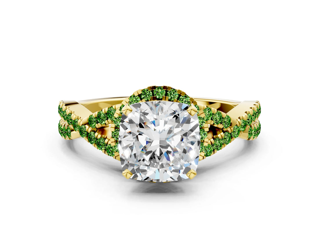 Yellow gold Cushion Cut Diamond with Peridot side stone Halo Twist Band Solitaire Prong Setting Ring_12
