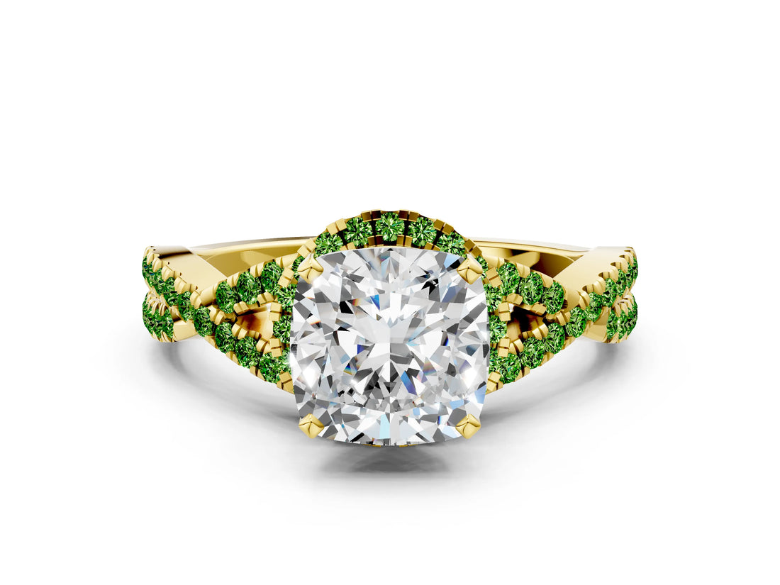 Yellow gold Cushion Cut Diamond with Peridot side stone Halo Twist Band Solitaire Prong Setting Ring_36