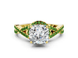 Yellow gold Cushion Cut Diamond with Peridot side stone Halo Twist Band Solitaire Prong Setting Ring_36