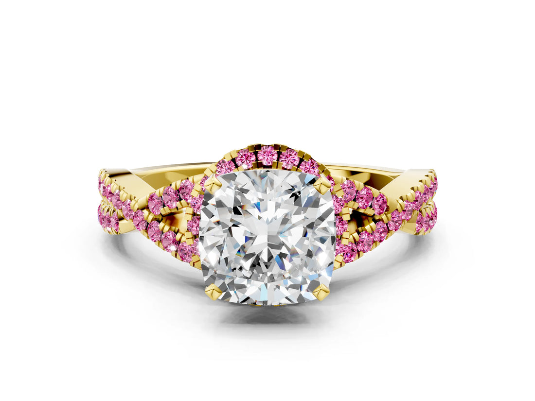 Yellow gold Cushion Cut Diamond with Pink Sapphire side stone Halo Twist Band Solitaire Prong Setting Ring_12