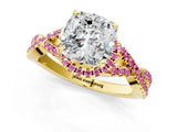 Yellow gold Cushion Cut Diamond with Pink Sapphire side stone Halo Twist Band Solitaire Prong Setting Ring_13