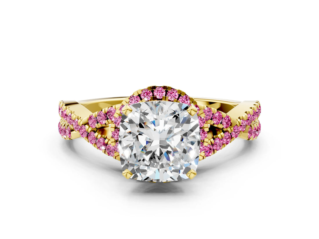 Yellow gold Cushion Cut Diamond with Pink Sapphire side stone Halo Twist Band Solitaire Prong Setting Ring_36