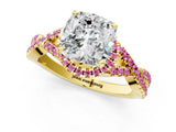 Yellow gold Cushion Cut Diamond with Pink Sapphire side stone Halo Twist Band Solitaire Prong Setting Ring_37
