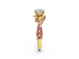 Yellow gold Cushion Cut Diamond with Pink Sapphire side stone Halo Twist Band Solitaire Prong Setting Ring_38