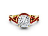 Yellow gold Cushion Cut Diamond with Ruby side stone Halo Twist Band Solitaire Prong Setting Ring_36