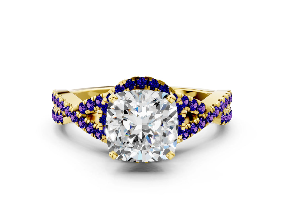Yellow gold Cushion Cut Diamond with Tanzanite side stone Halo Twist Band Solitaire Prong Setting Ring_24