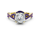 Yellow gold Cushion Cut Diamond with Tanzanite side stone Halo Twist Band Solitaire Prong Setting Ring_24