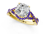 Yellow gold Cushion Cut Diamond with Tanzanite side stone Halo Twist Band Solitaire Prong Setting Ring_25