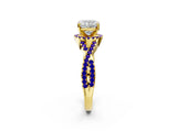 Yellow gold Cushion Cut Diamond with Tanzanite side stone Halo Twist Band Solitaire Prong Setting Ring_26