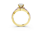 Yellow gold Cushion Cut Diamond with Tanzanite side stone Halo Twist Band Solitaire Prong Setting Ring_27