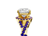 Yellow gold Cushion Cut Diamond with Tanzanite side stone Halo Twist Band Solitaire Prong Setting Ring_29