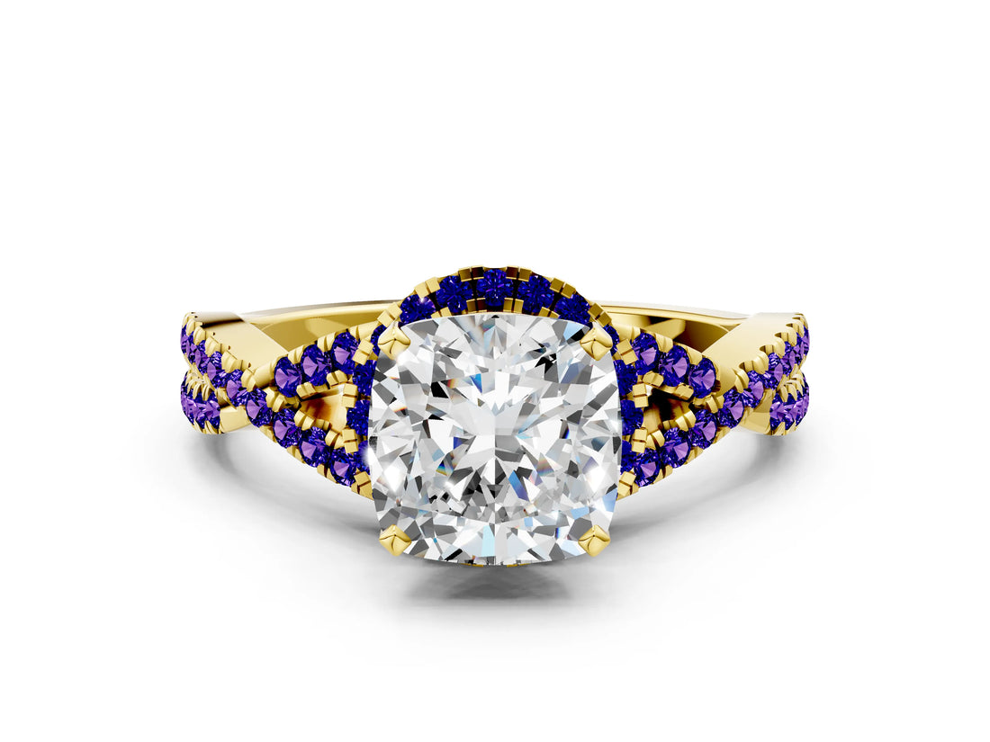 Yellow gold Cushion Cut Diamond with Tanzanite side stone Halo Twist Band Solitaire Prong Setting Ring_36