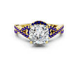 Yellow gold Cushion Cut Diamond with Tanzanite side stone Halo Twist Band Solitaire Prong Setting Ring_36