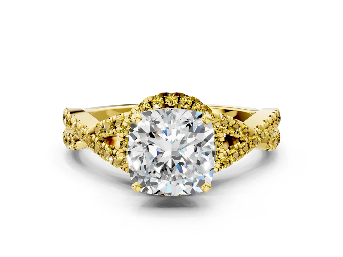 Yellow gold Cushion Cut Diamond with Yellow Sapphire side stone Halo Twist Band Solitaire Prong Setting Ring_12