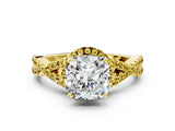 Yellow gold Cushion Cut Diamond with Yellow Sapphire side stone Halo Twist Band Solitaire Prong Setting Ring_12